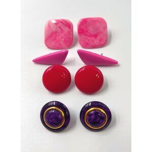 4 Items Earrings Pierced Square Triangle Circle Pink Red Purple Gold Black